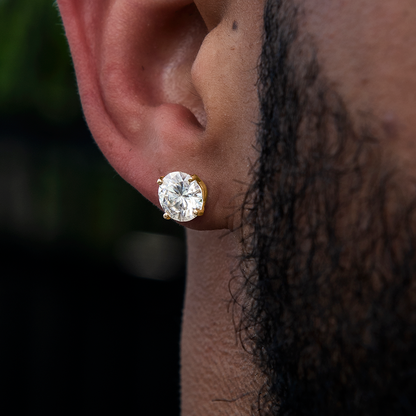 Men's 8MM Round Cut Moissanite Diamond Stud Earrings in Yellow Gold Vermeil