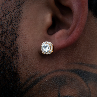 Men's Cushion Cut Moissanite Earrings in Yellow Gold Vermeil