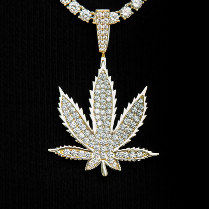 Large Diamond Weed Leaf Pendant - Yellow Gold