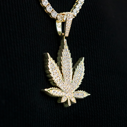 Large Diamond Weed Leaf Pendant - Yellow Gold