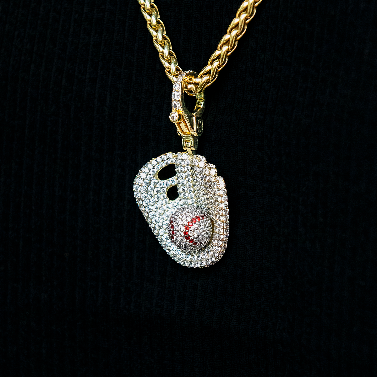 Iced Baseball Clip On Pendant in Yellow Gold