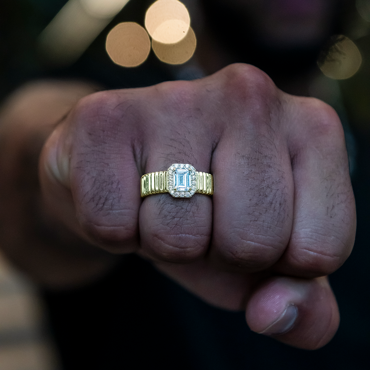 Emerald Cut Diamond Textured Ring in Yellow Gold Vermeil