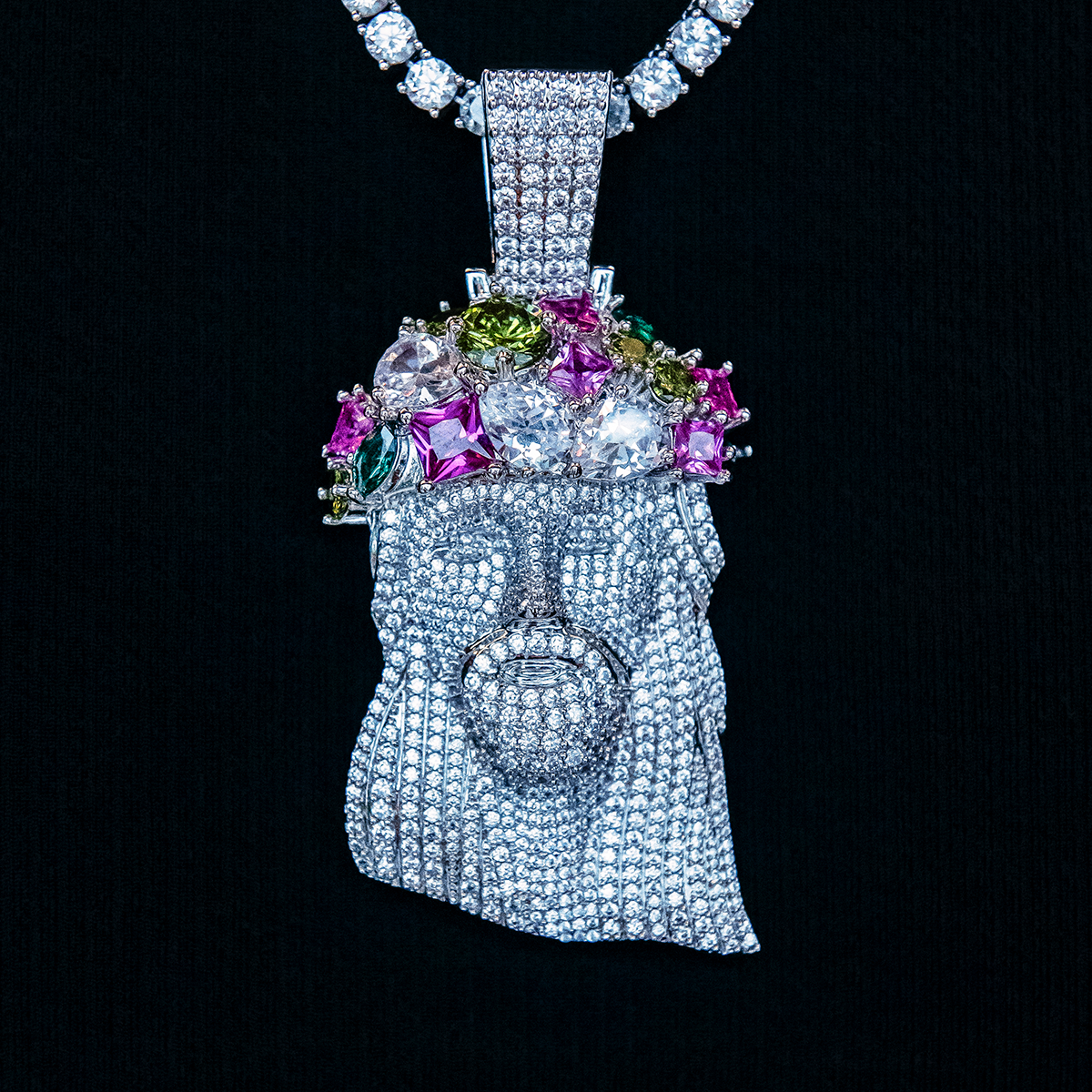 Large Diamond Portrait of Jesus Multicolor Stones Pendant - White Gold