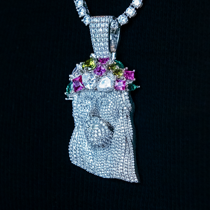Large Diamond Portrait of Jesus Multicolor Stones Pendant - White Gold
