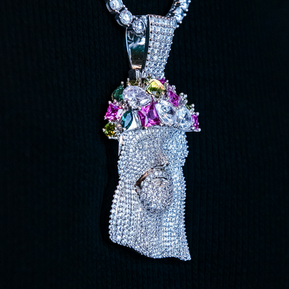Large Diamond Portrait of Jesus Multicolor Stones Pendant - White Gold