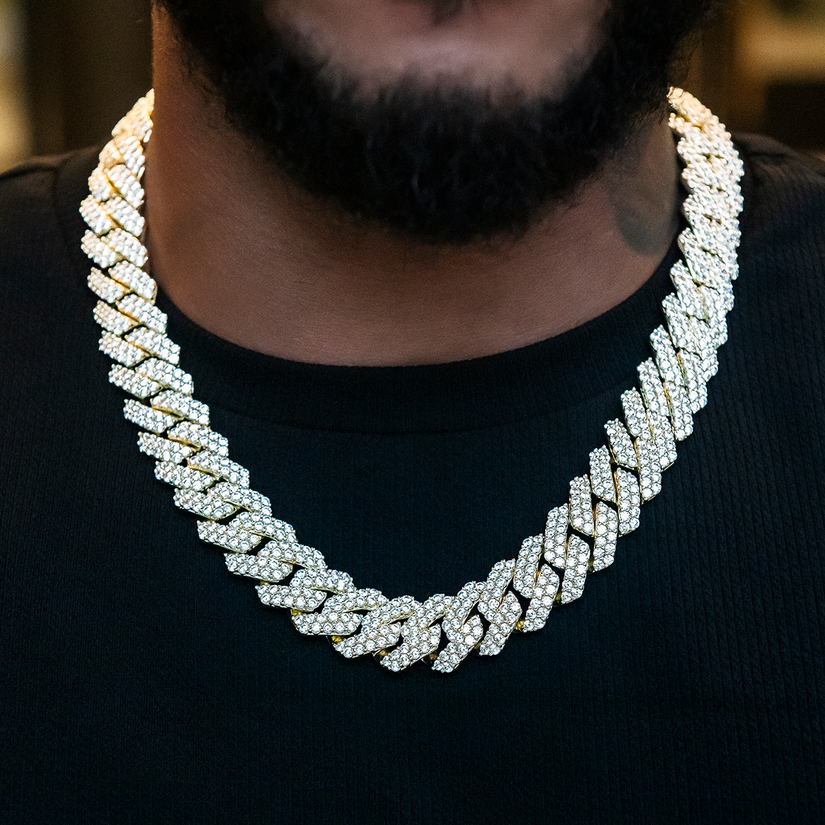 Men's Moissanite Diamond Prong Cuban Chain in Yellow Gold Vermeil - 19mm