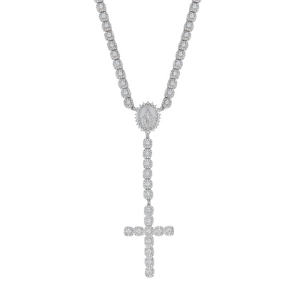 Men's Moissanite Micro Clustered Rosary Chain Necklace in White Gold Vermeil