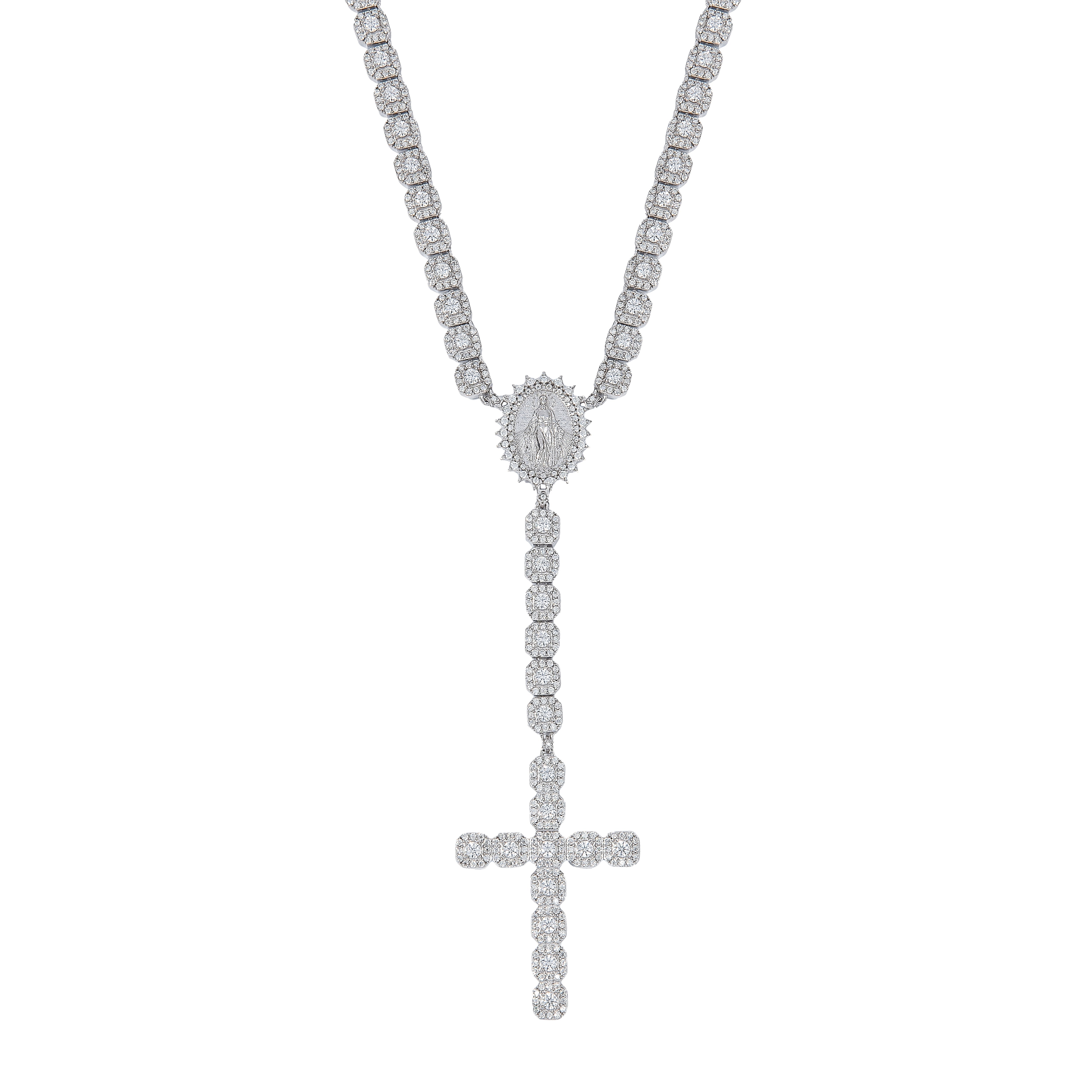 Men's Moissanite Micro Clustered Rosary Chain Necklace in White Gold Vermeil