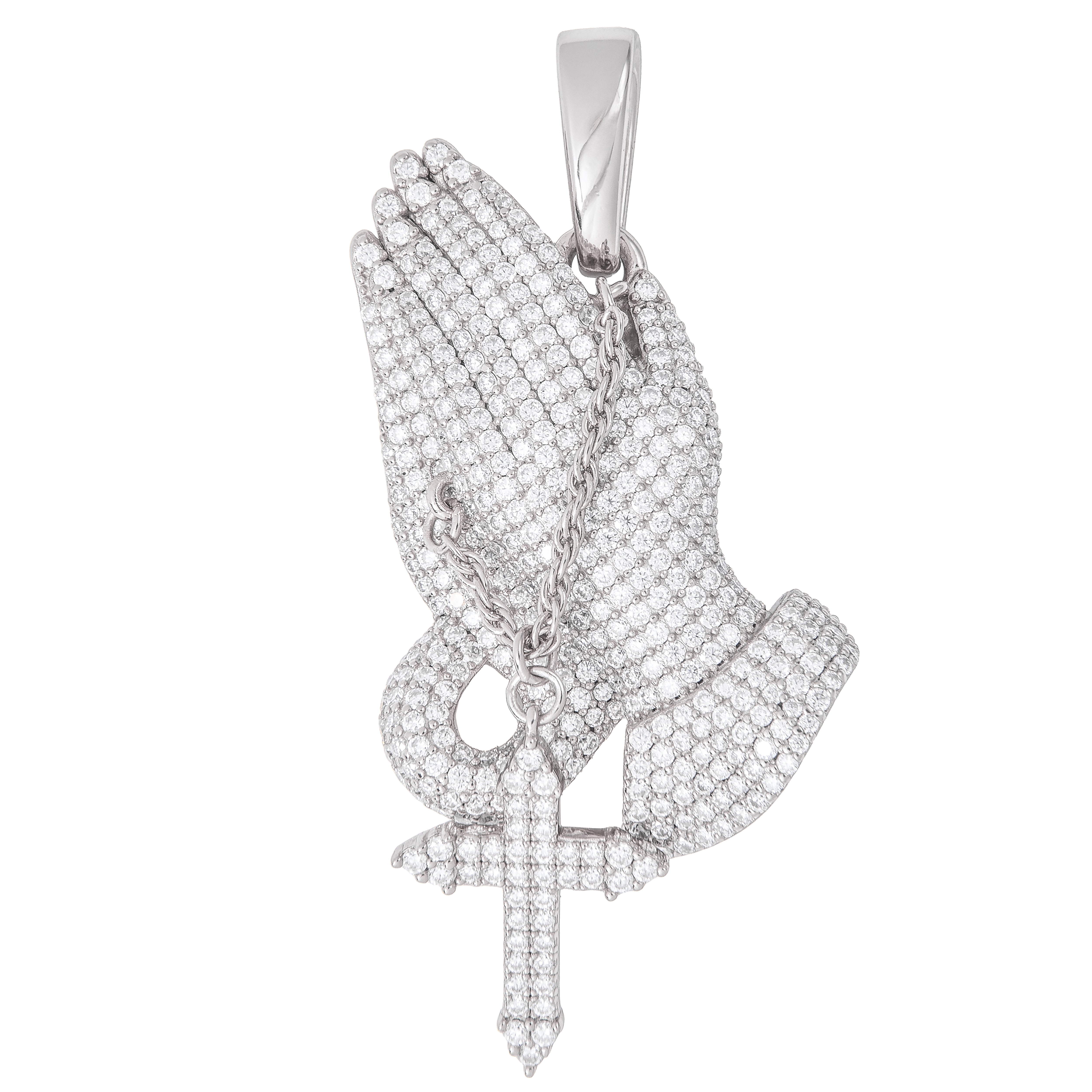 Men's Moissanite Praying Hands Pendant in White Gold Vermeil