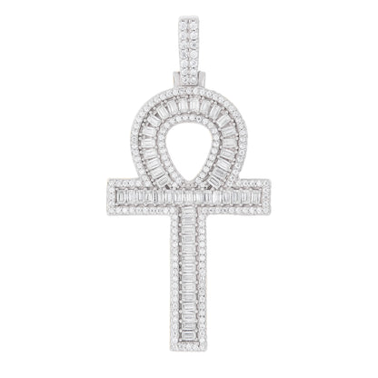 Men's Moissanite Ankh Cross Pendant in White Gold Vermeil