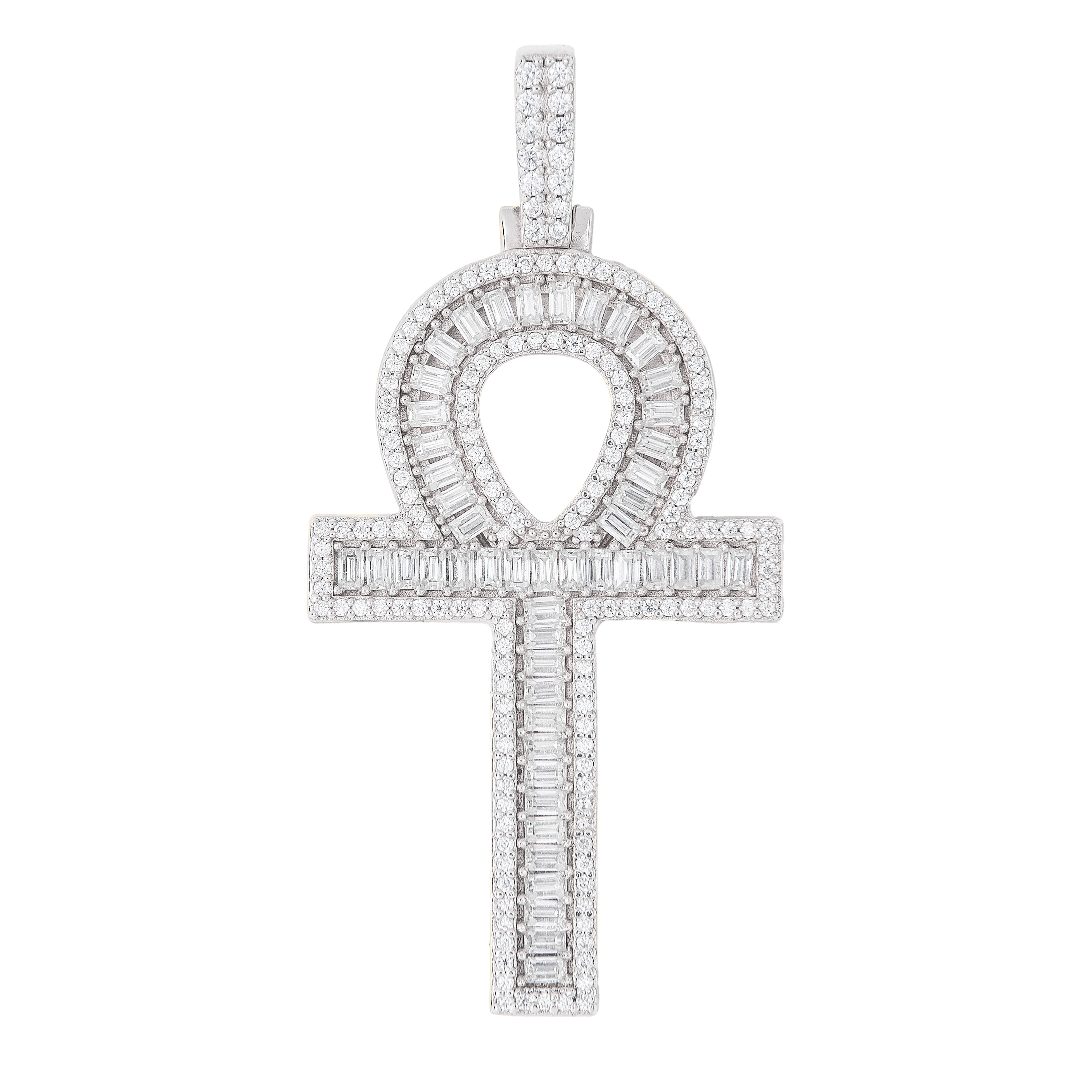 Men's Moissanite Ankh Cross Pendant in White Gold Vermeil