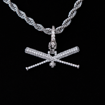 Iced Baseball Bat Clip On Pendant - White Gold
