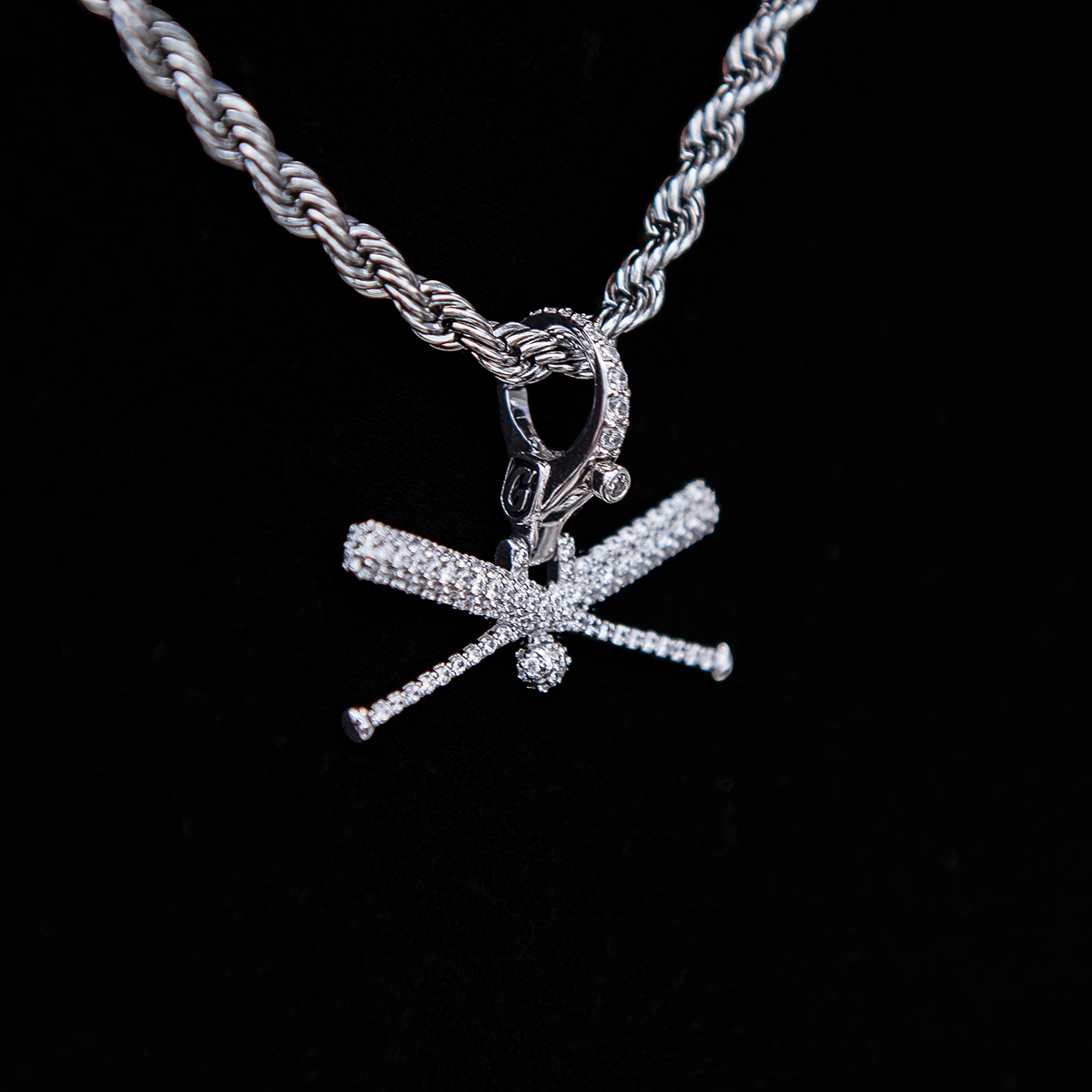 Iced Baseball Bat Clip On Pendant - White Gold