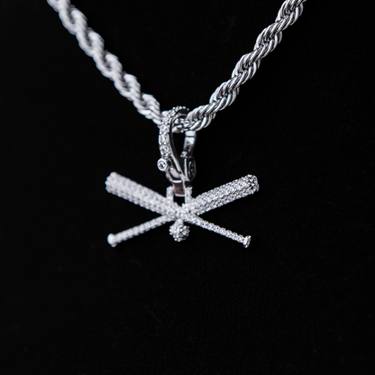 Iced Baseball Bat Clip On Pendant - White Gold