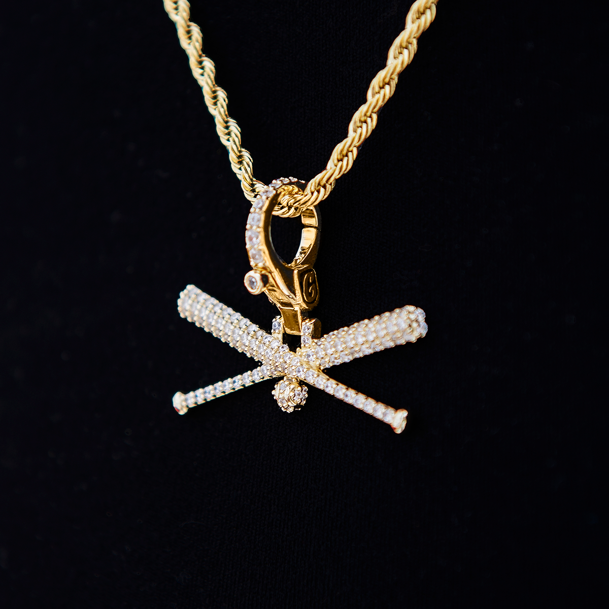 Iced Baseball Bat Clip On Pendant - Yellow Gold