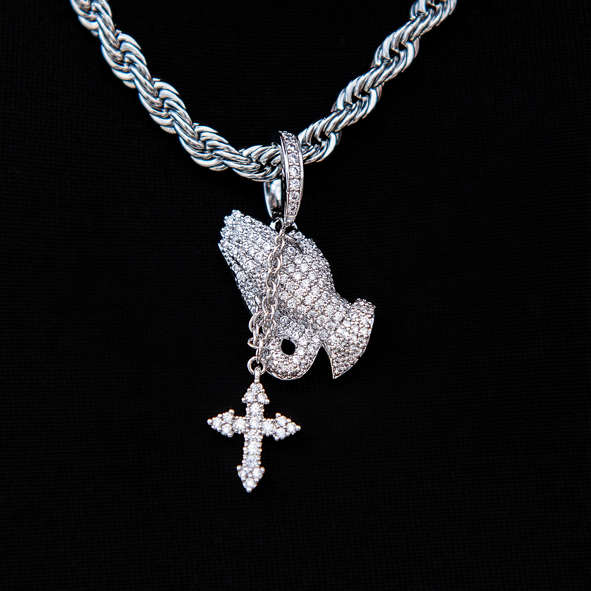 Micro Iced Praying Hands with Cross Pendant in White Gold