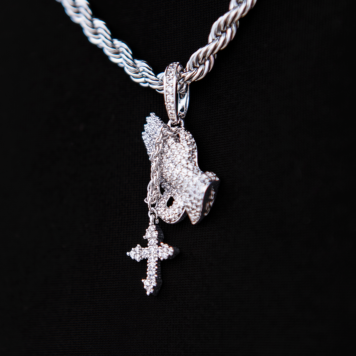 Micro Iced Praying Hands with Cross Pendant in White Gold