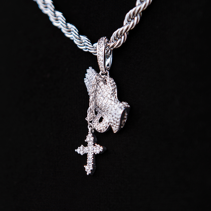 Micro Iced Praying Hands with Cross Pendant in White Gold