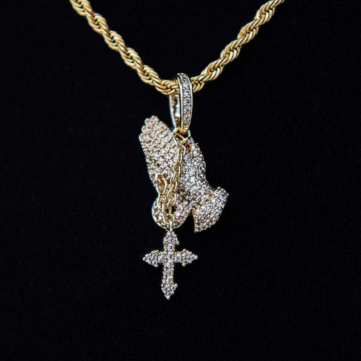 Micro Iced Praying Hands with Cross Pendant in Yellow Gold