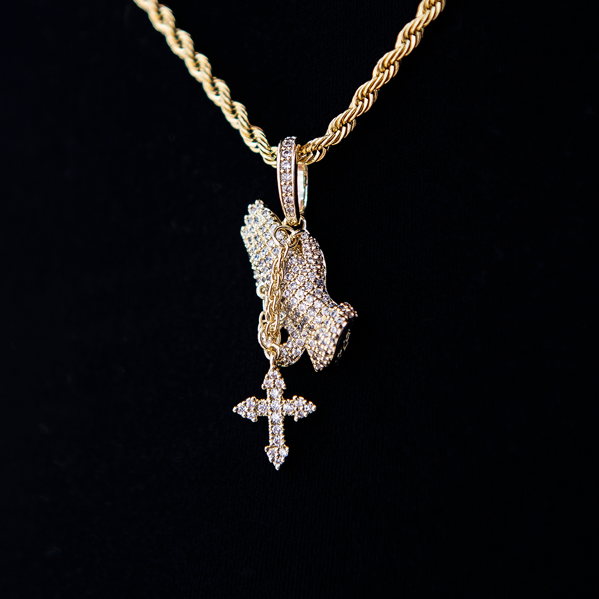 Micro Iced Praying Hands with Cross Pendant in Yellow Gold