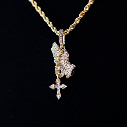 Micro Iced Praying Hands with Cross Pendant in Yellow Gold