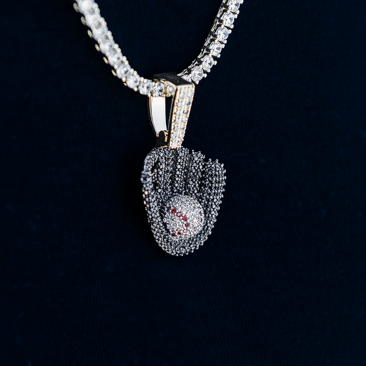 Iced Black Baseball Pendant in Yellow Gold