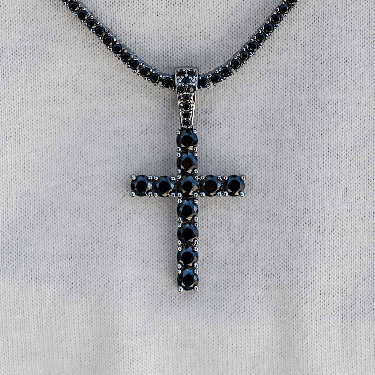 Black Stone Diamond Cross Pendant in White Gold
