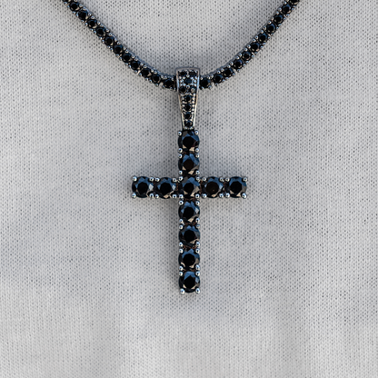 Black Stone Diamond Cross Pendant in White Gold