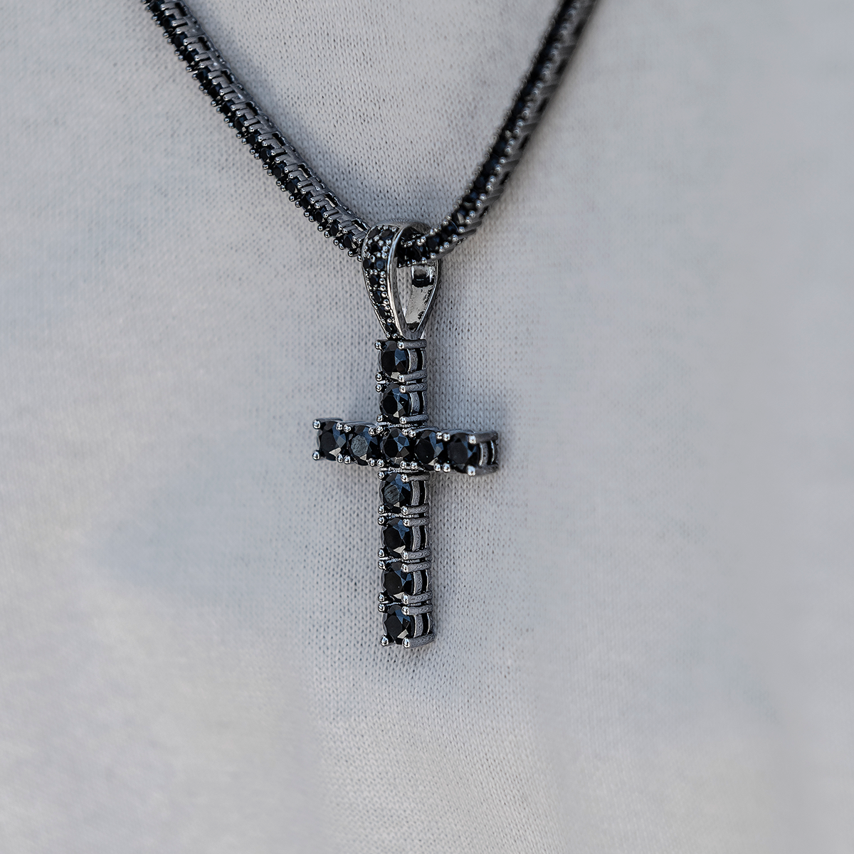 Black Stone Diamond Cross Pendant in White Gold