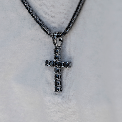 Black Stone Diamond Cross Pendant in White Gold