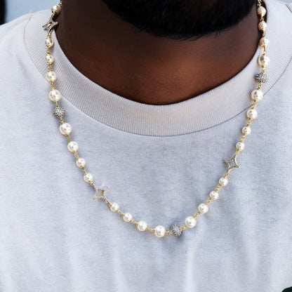 Iced Beaded Pearl Chain in Yellow Gold