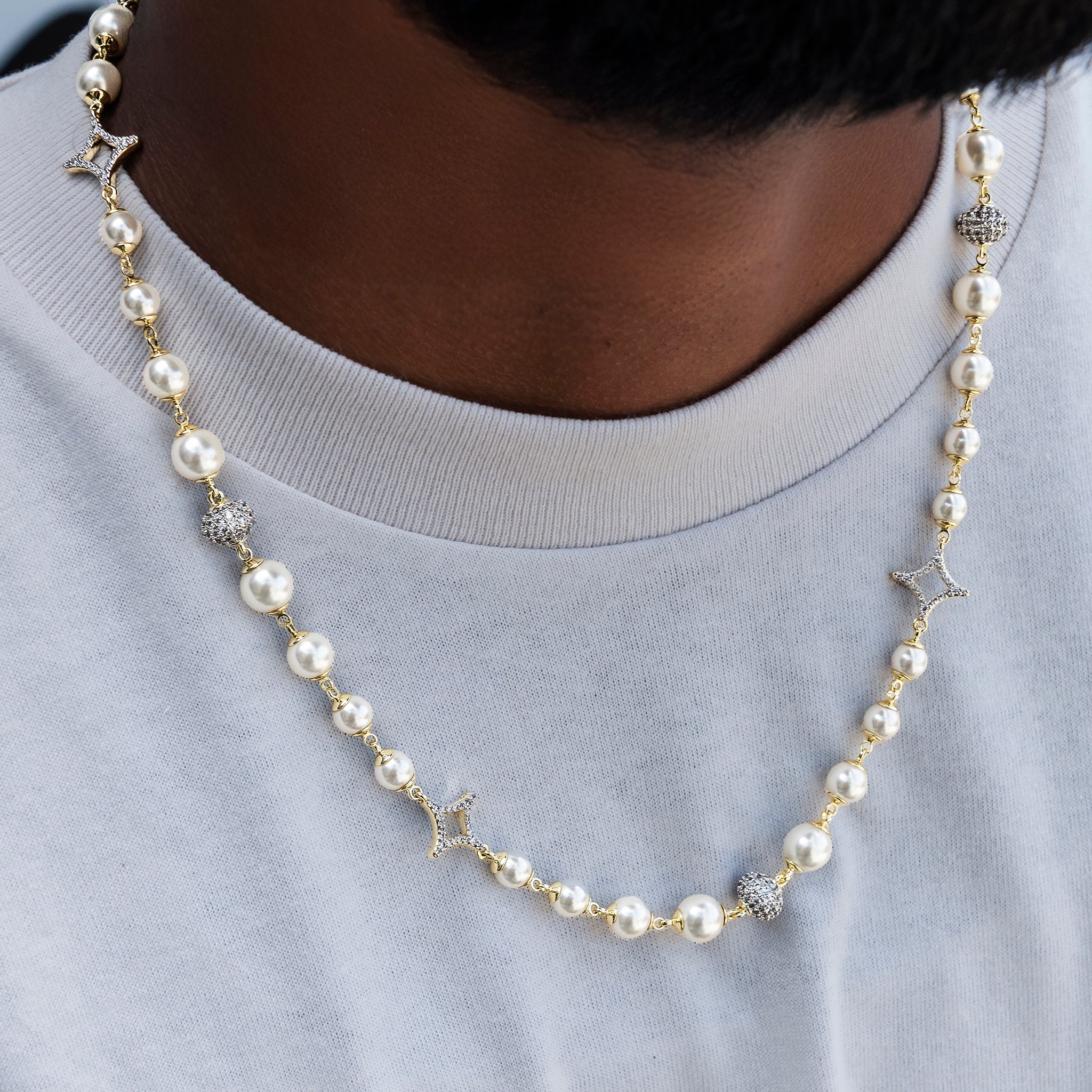 Iced Beaded Pearl Chain in Yellow Gold