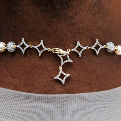 Iced Beaded Pearl Chain in Yellow Gold