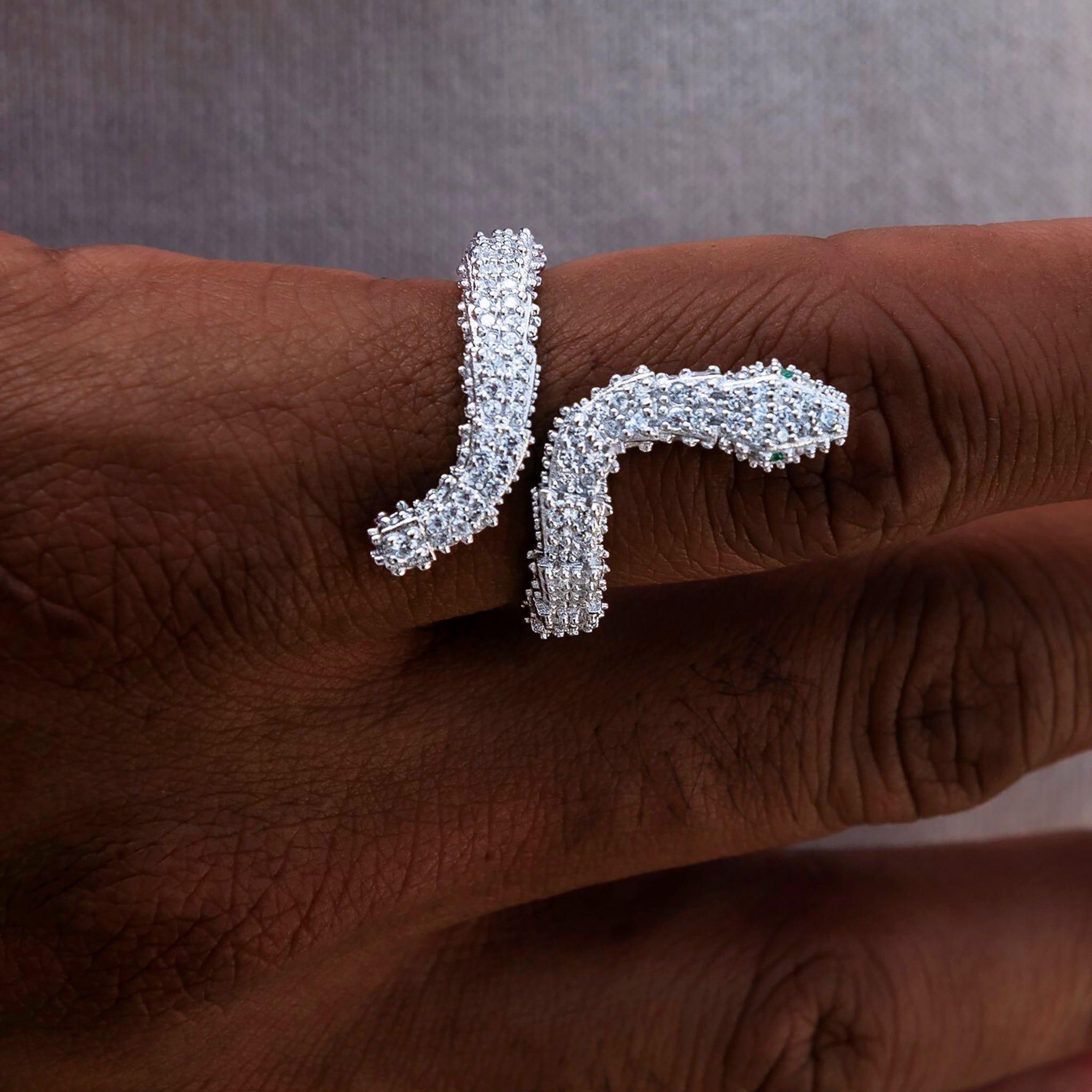 Iced Snake Wrap Ring in White Gold