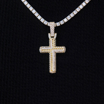 Iced Rope Mix Cross Pendant in Yellow Gold