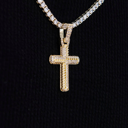 Iced Rope Mix Cross Pendant in Yellow Gold