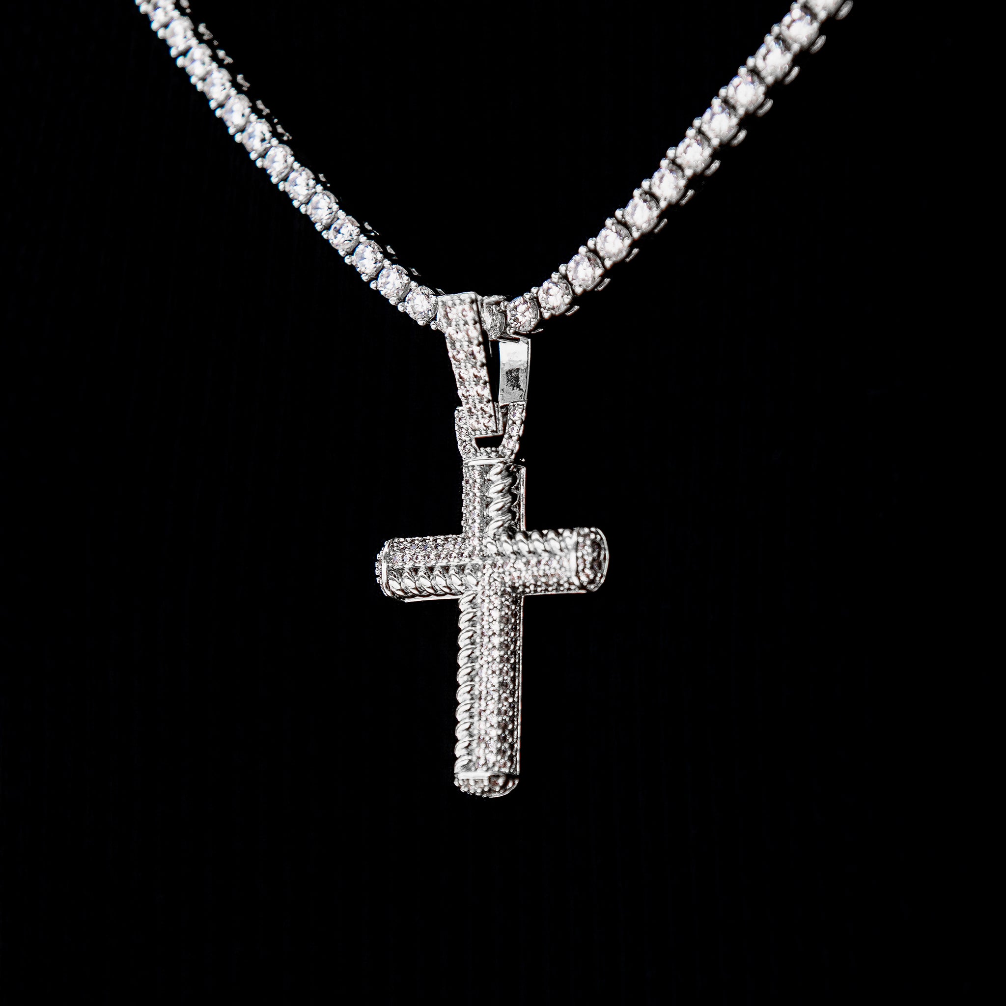 Iced Rope Mix Cross Pendant in White Gold