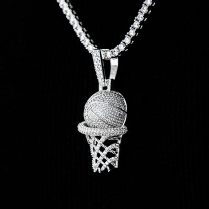 Iced Basketball Hoop Pendant in White Gold