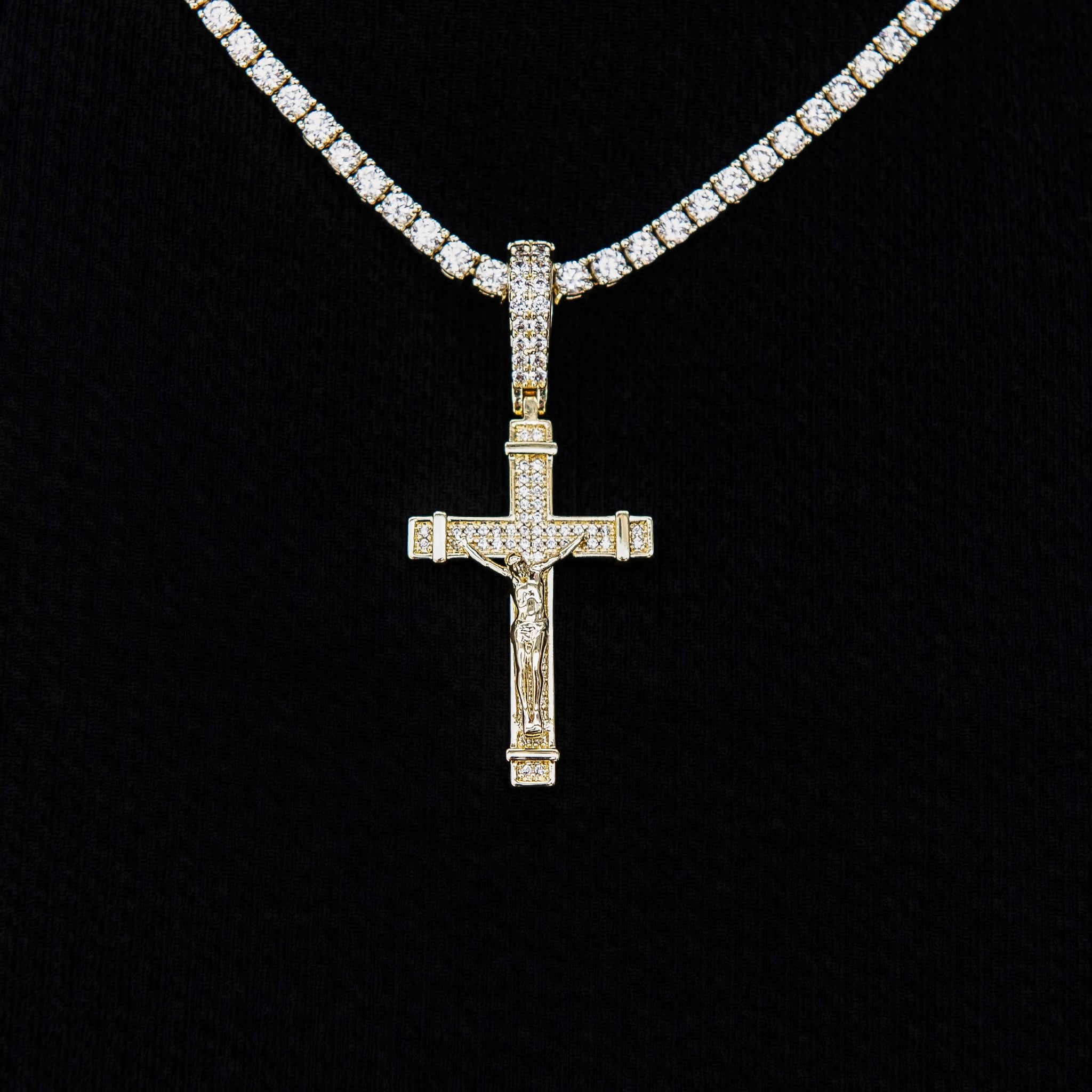 Iced Flat Crucifix Pendant in Yellow Gold