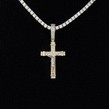 Iced Flat Crucifix Pendant in Yellow Gold