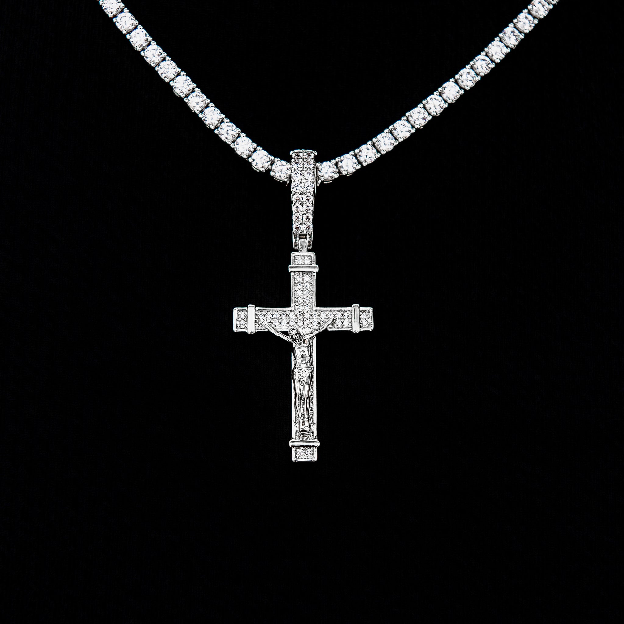 Iced Flat Crucifix Pendant in White Gold