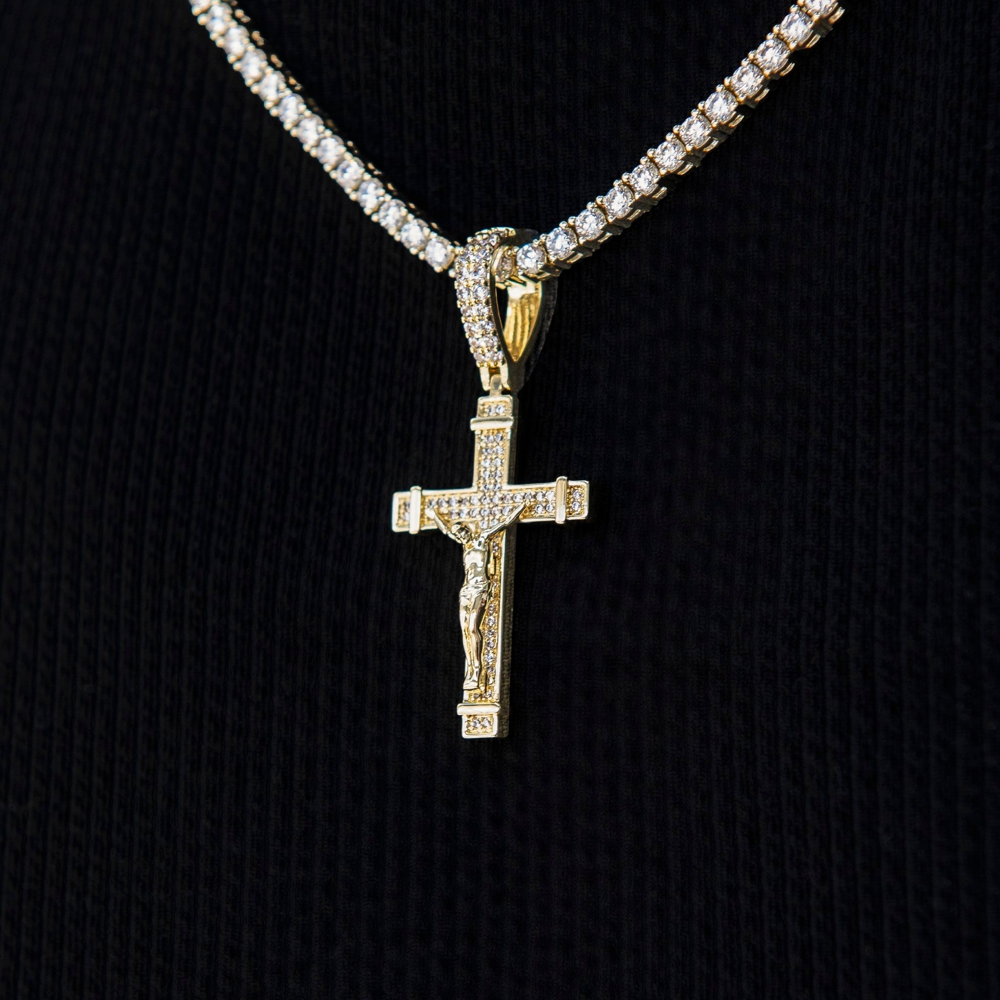 Iced Flat Crucifix Pendant in Yellow Gold