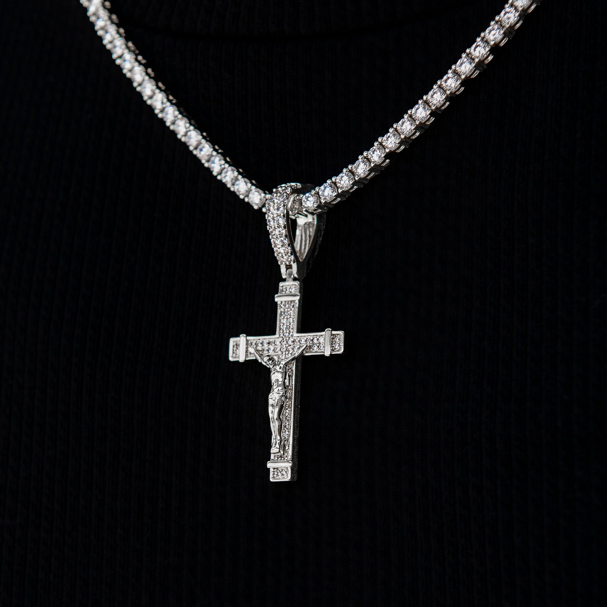 Iced Flat Crucifix Pendant in White Gold