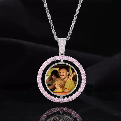 3D Double-Sided Custom Photo Round Pendant White Gold Pink Diamonds - 45mm