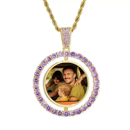 3D Double-Sided Custom Photo Round Pendant White Gold Pink Diamonds - 45mm
