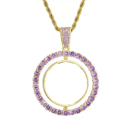 3D Double-Sided Custom Photo Round Pendant White Gold Pink Diamonds - 45mm