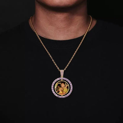 3D Double-Sided Custom Photo Round Pendant White Gold Pink Diamonds - 45mm