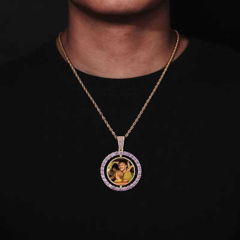 3D Double-Sided Custom Photo Round Pendant White Gold Pink Diamonds - 45mm