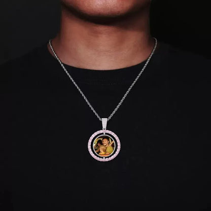 3D Double-Sided Custom Photo Round Pendant White Gold Pink Diamonds - 45mm