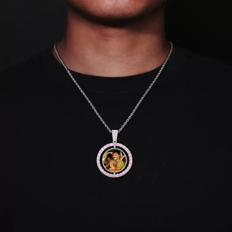 3D Double-Sided Custom Photo Round Pendant White Gold Pink Diamonds - 45mm